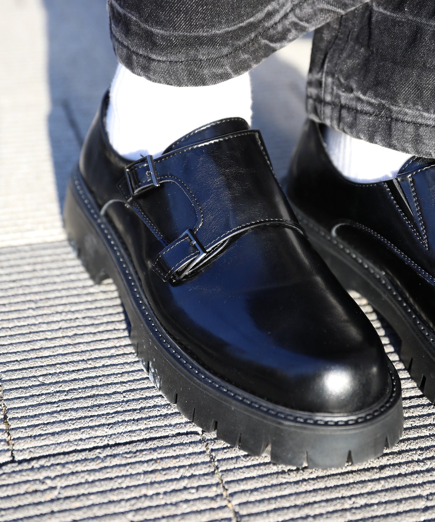 【shoes365】二層カバー バックル二個付け 厚底ドレスシューズ