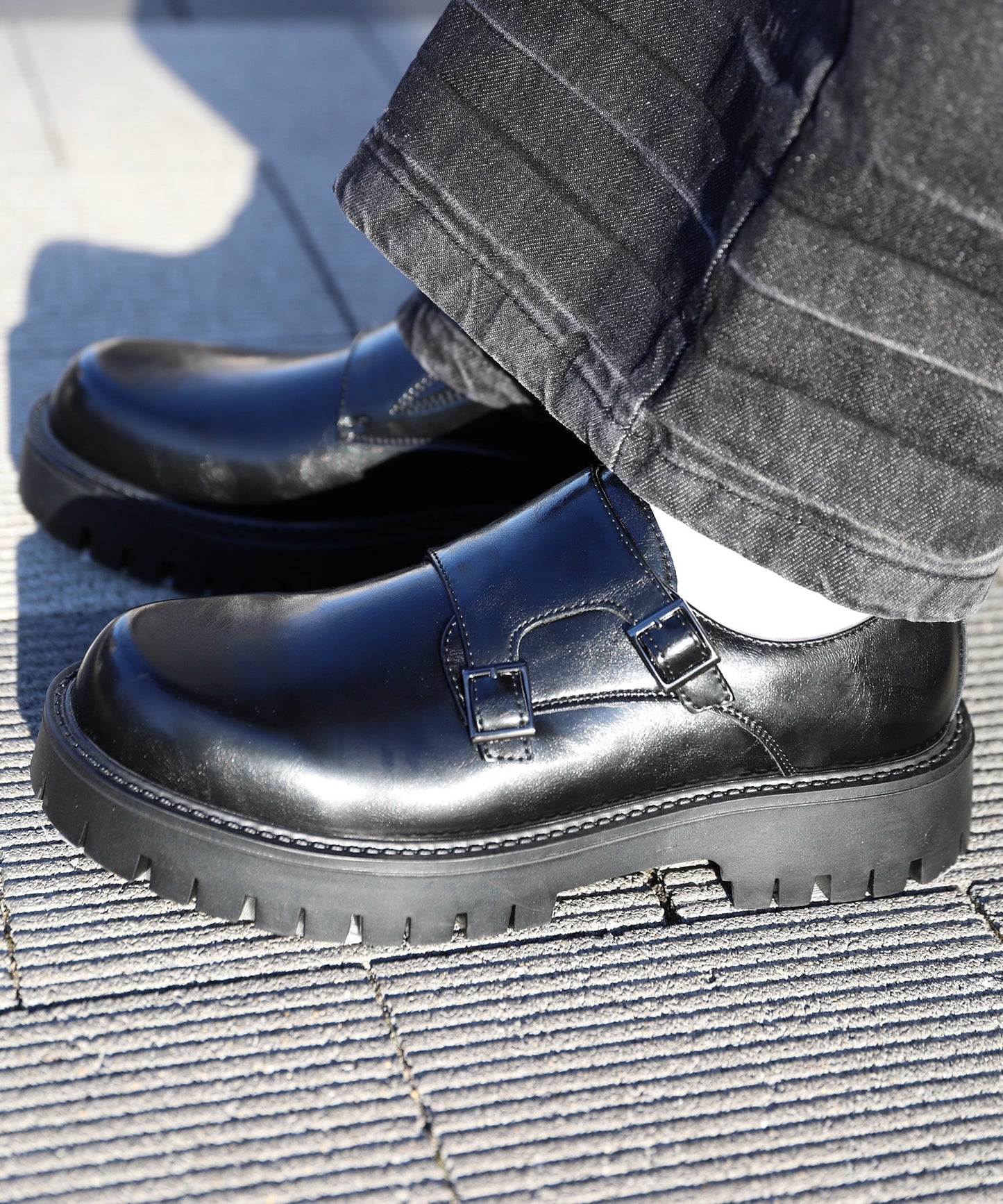 【shoes365】二層カバー バックル二個付け 厚底ドレスシューズ