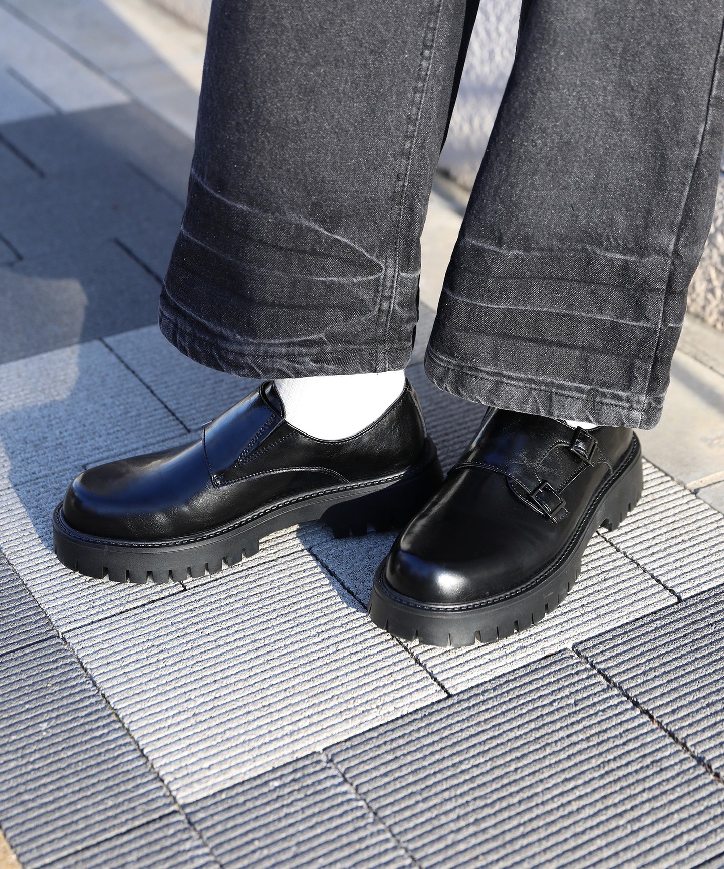 【shoes365】二層カバー バックル二個付け 厚底ドレスシューズ