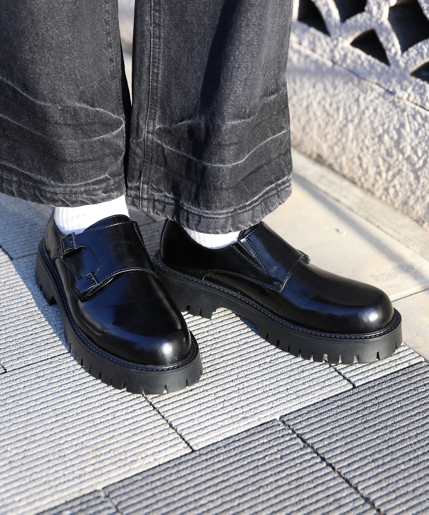 【shoes365】二層カバー バックル二個付け 厚底ドレスシューズ