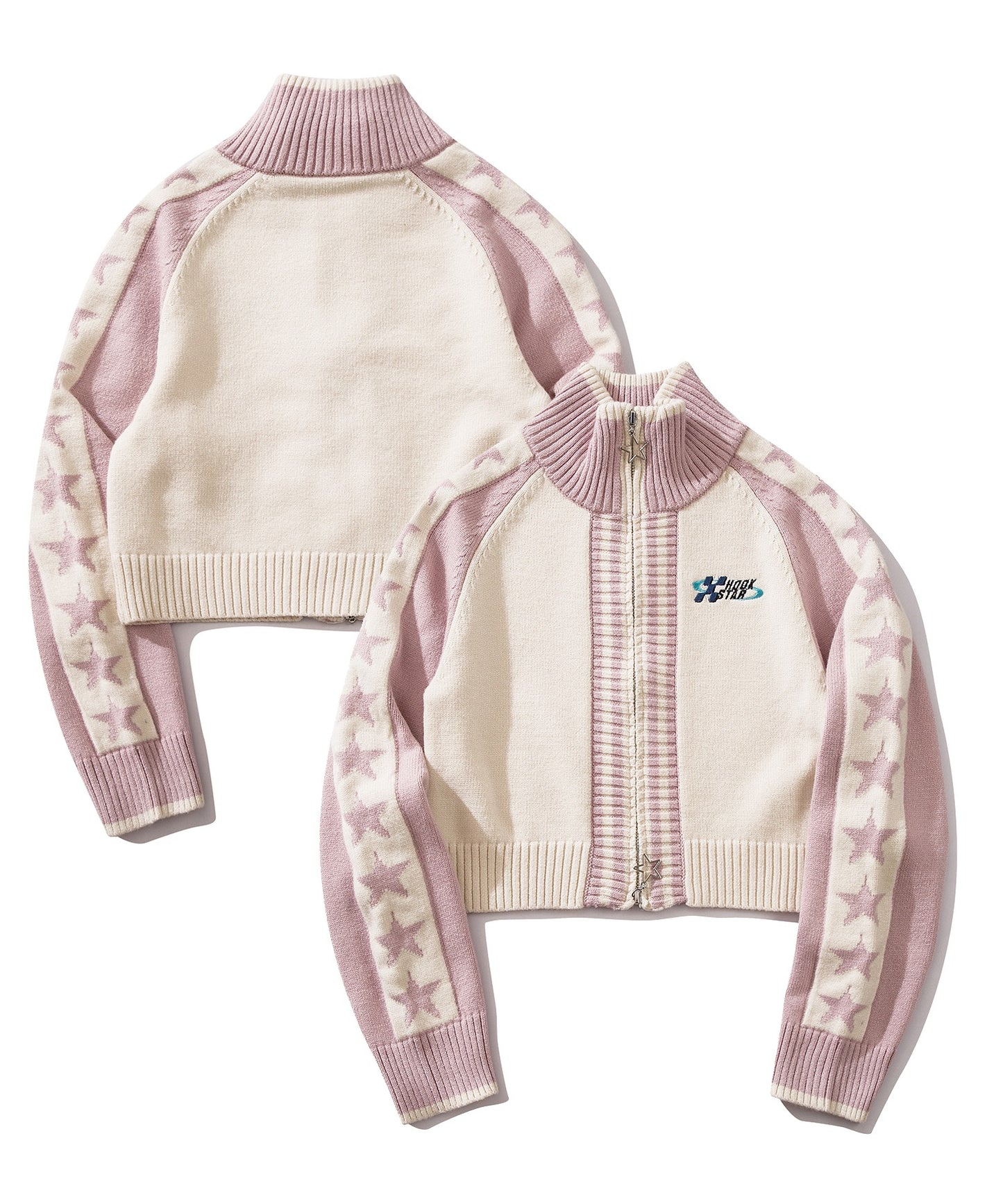 【HOOK】for girls レーシング風袖星切り替えブルゾンニット ショート丈