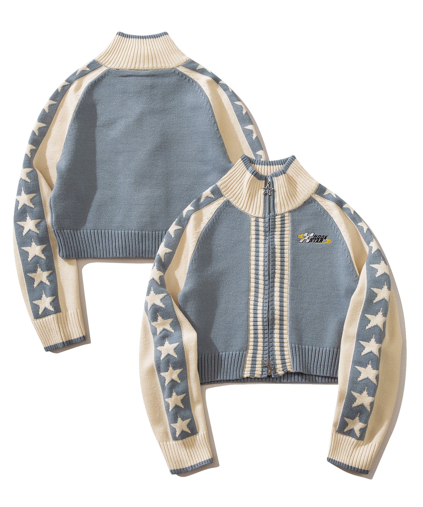 【HOOK】for girls レーシング風袖星切り替えブルゾンニット ショート丈