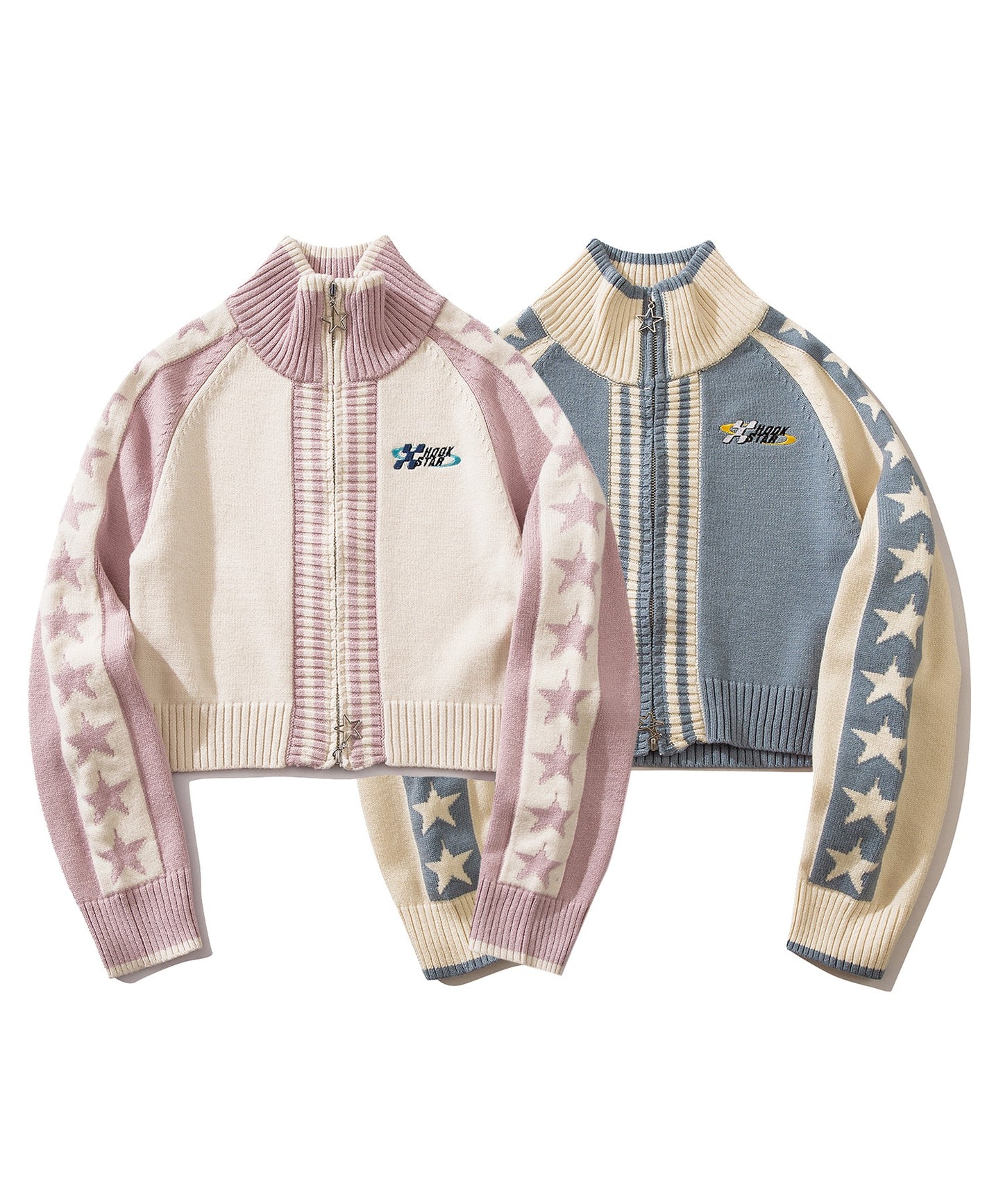 【HOOK】for girls レーシング風袖星切り替えブルゾンニット ショート丈