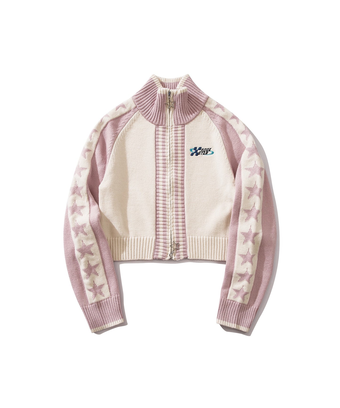 【HOOK】for girls レーシング風袖星切り替えブルゾンニット ショート丈