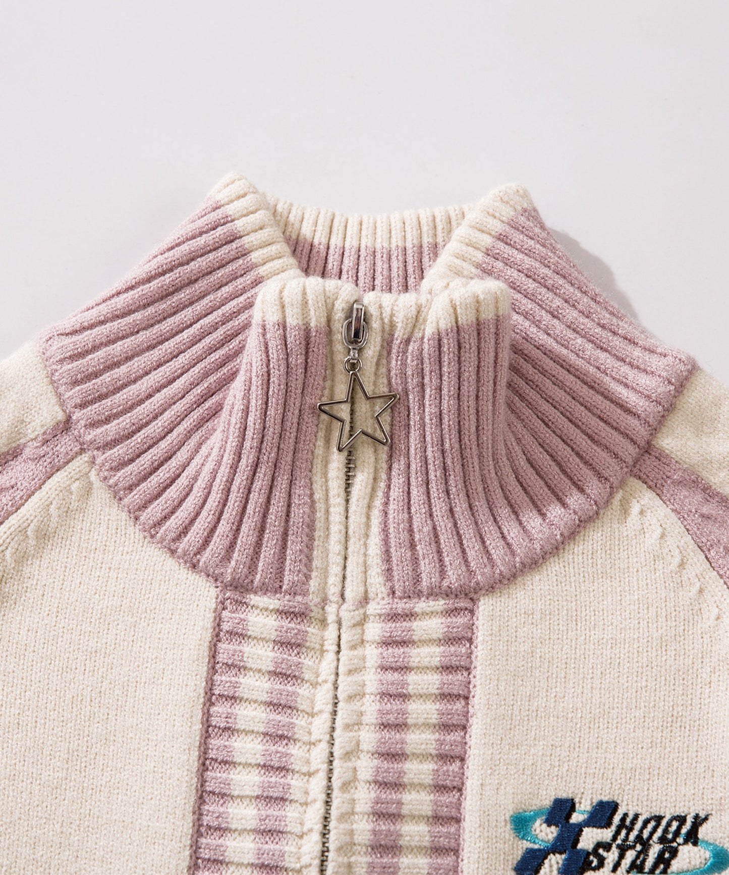 【HOOK】for girls レーシング風袖星切り替えブルゾンニット ショート丈