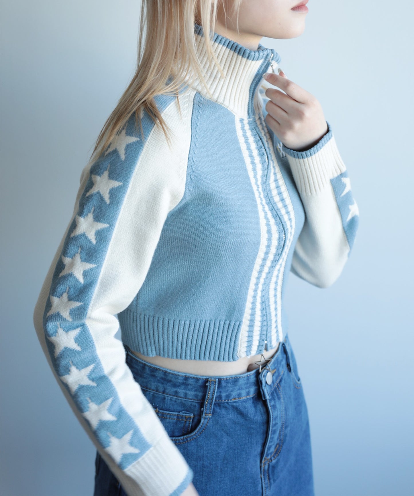 【HOOK】for girls レーシング風袖星切り替えブルゾンニット ショート丈
