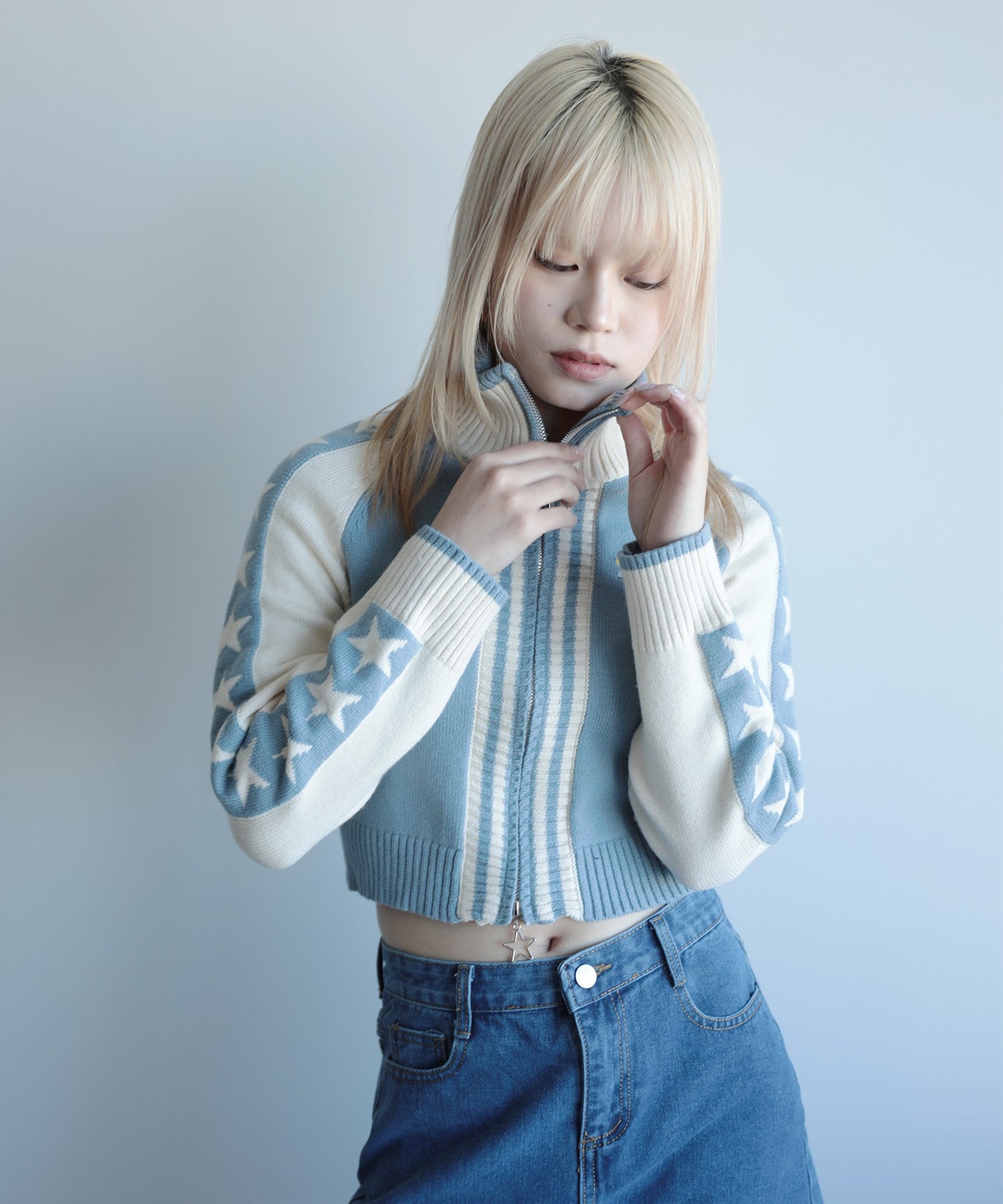 【HOOK】for girls レーシング風袖星切り替えブルゾンニット ショート丈