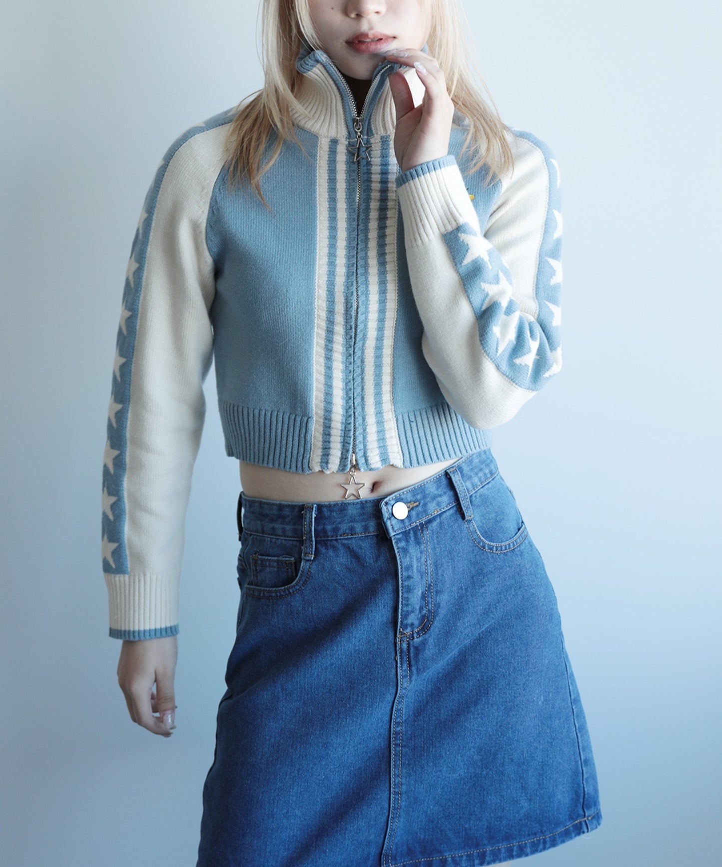 【HOOK】for girls レーシング風袖星切り替えブルゾンニット ショート丈