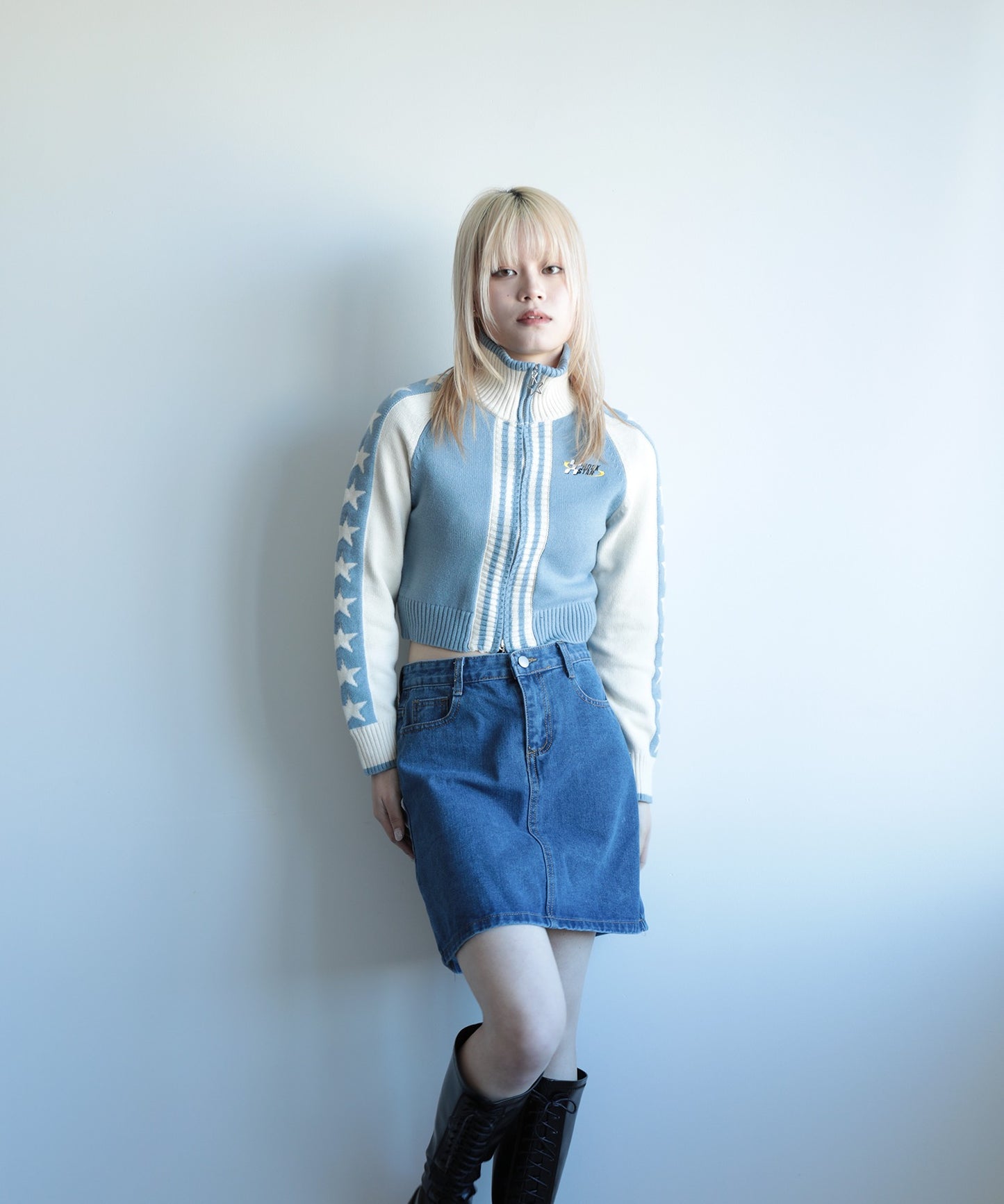 【HOOK】for girls レーシング風袖星切り替えブルゾンニット ショート丈
