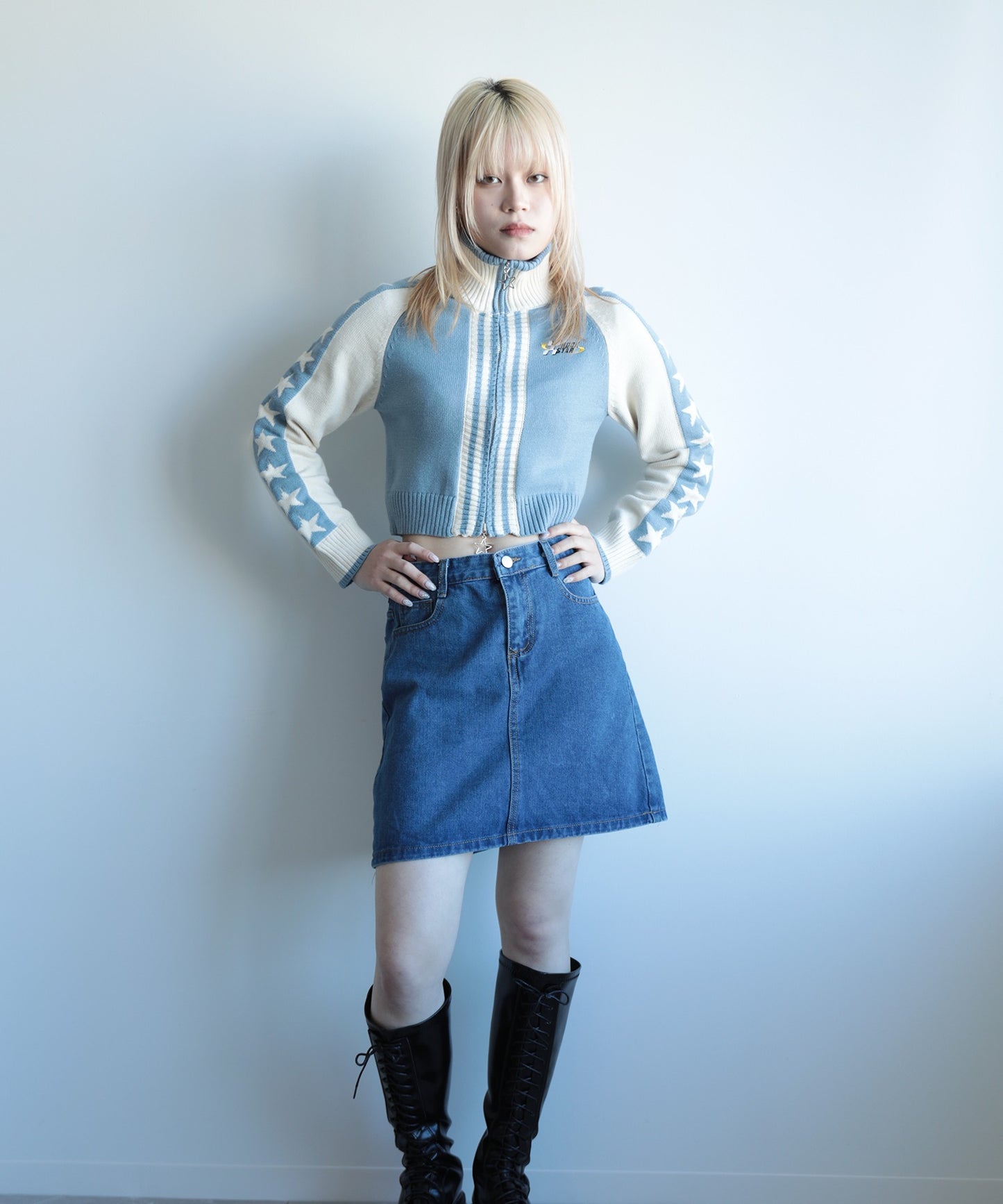 【HOOK】for girls レーシング風袖星切り替えブルゾンニット ショート丈