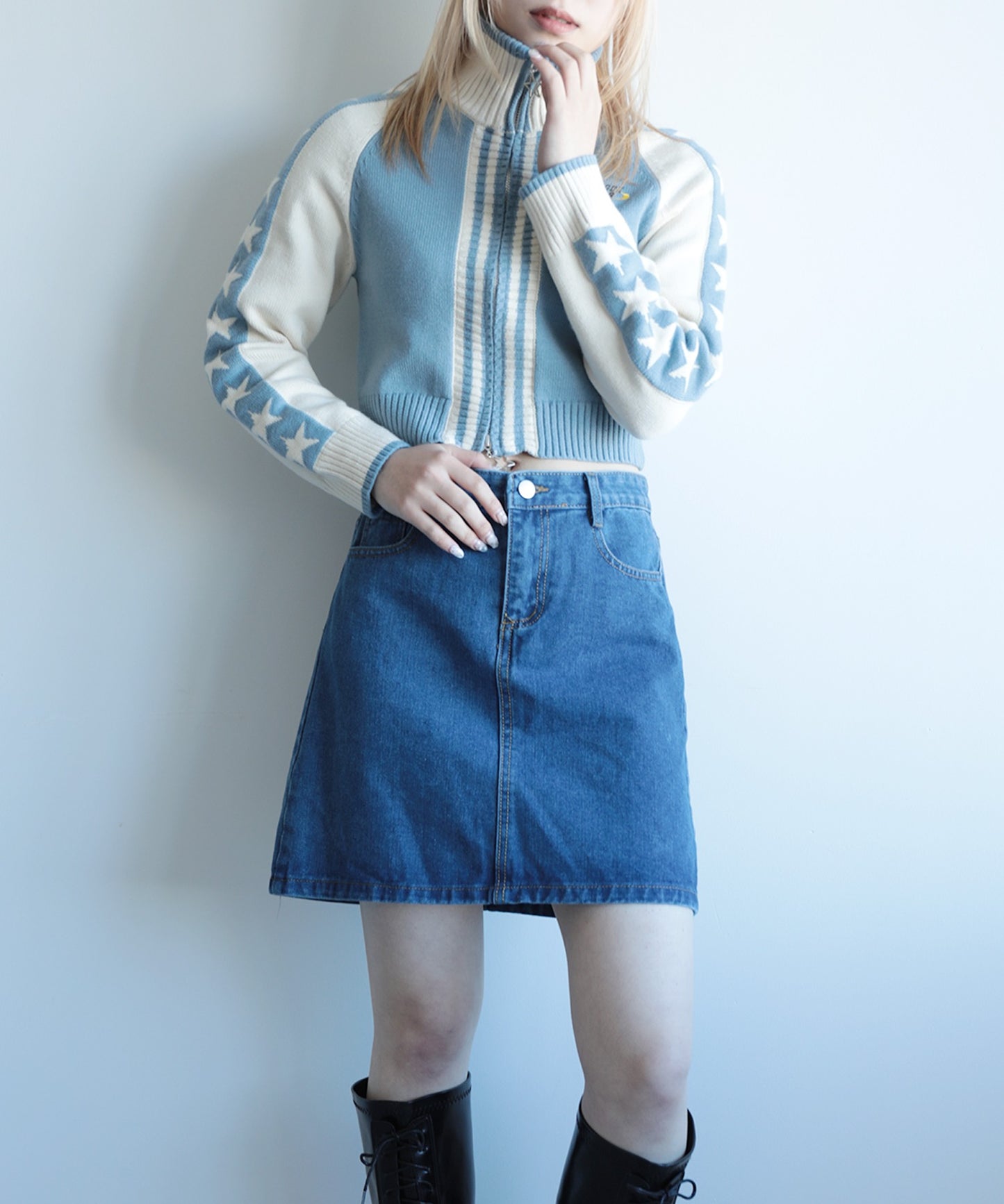 【HOOK】for girls レーシング風袖星切り替えブルゾンニット ショート丈