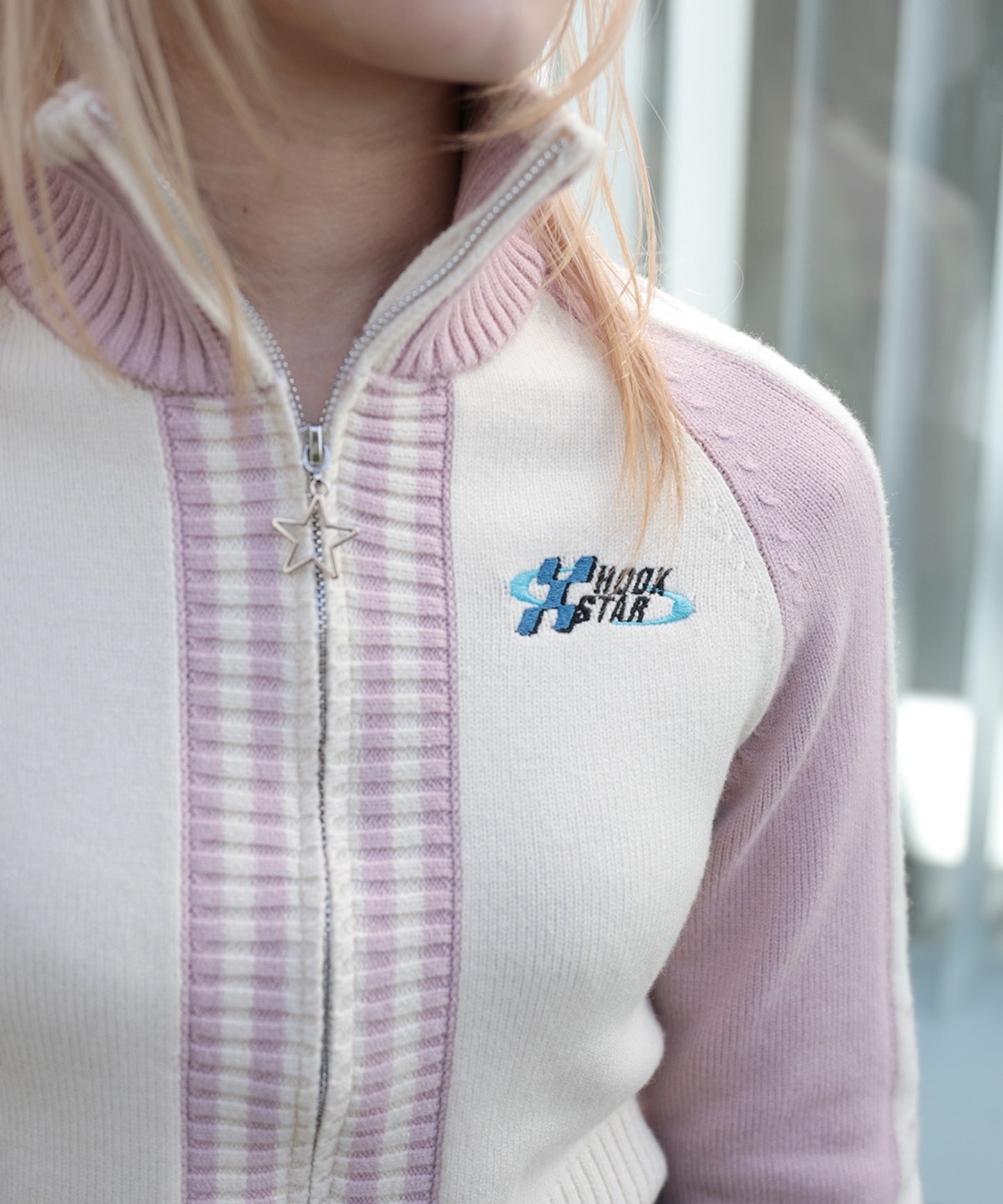 【HOOK】for girls レーシング風袖星切り替えブルゾンニット ショート丈