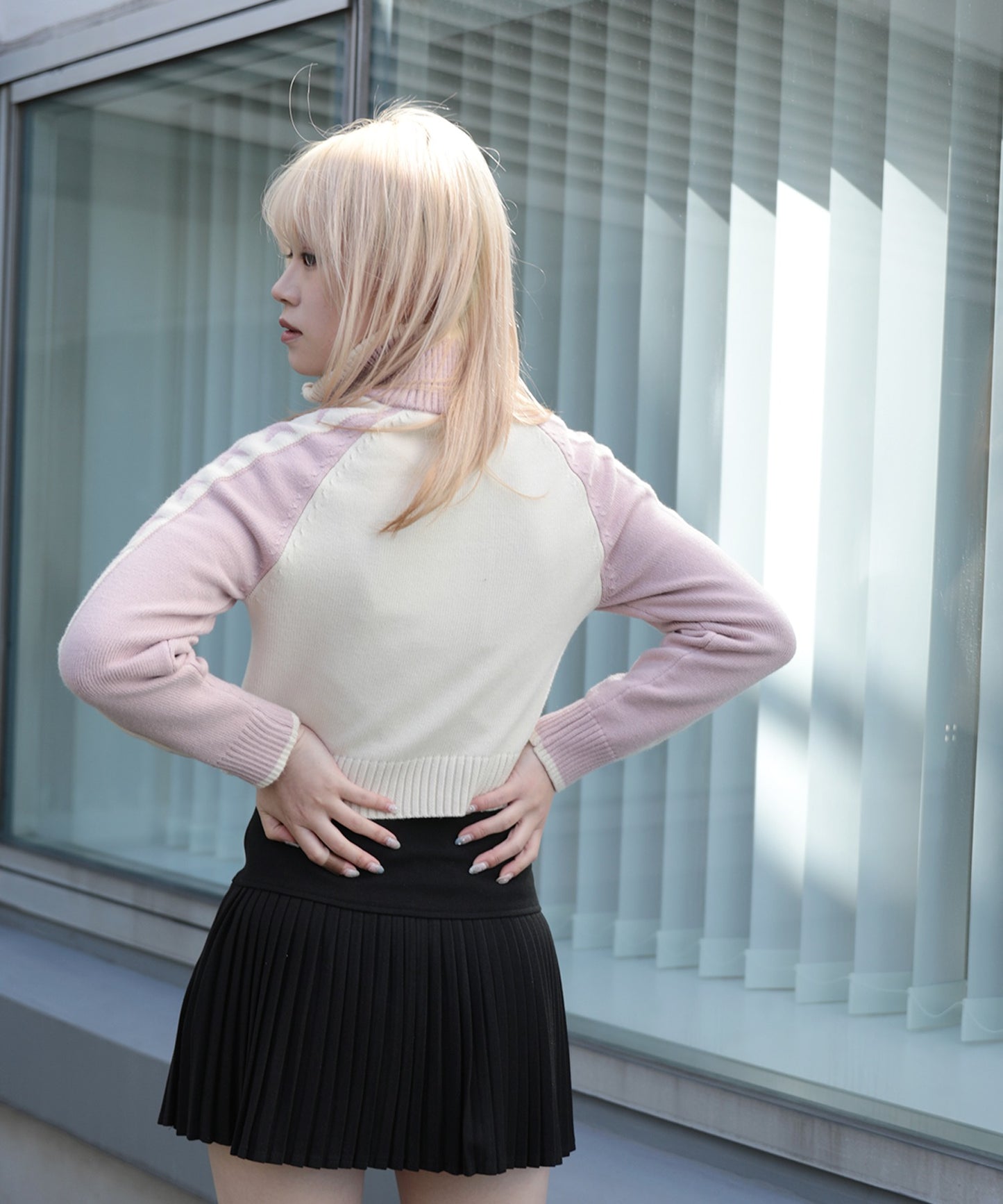【HOOK】for girls レーシング風袖星切り替えブルゾンニット ショート丈