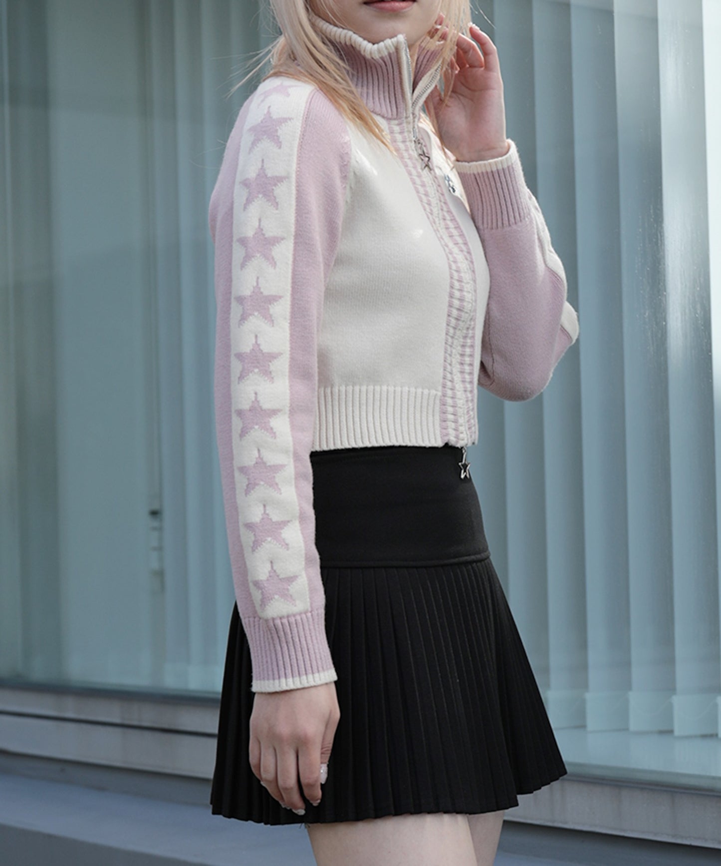 【HOOK】for girls レーシング風袖星切り替えブルゾンニット ショート丈