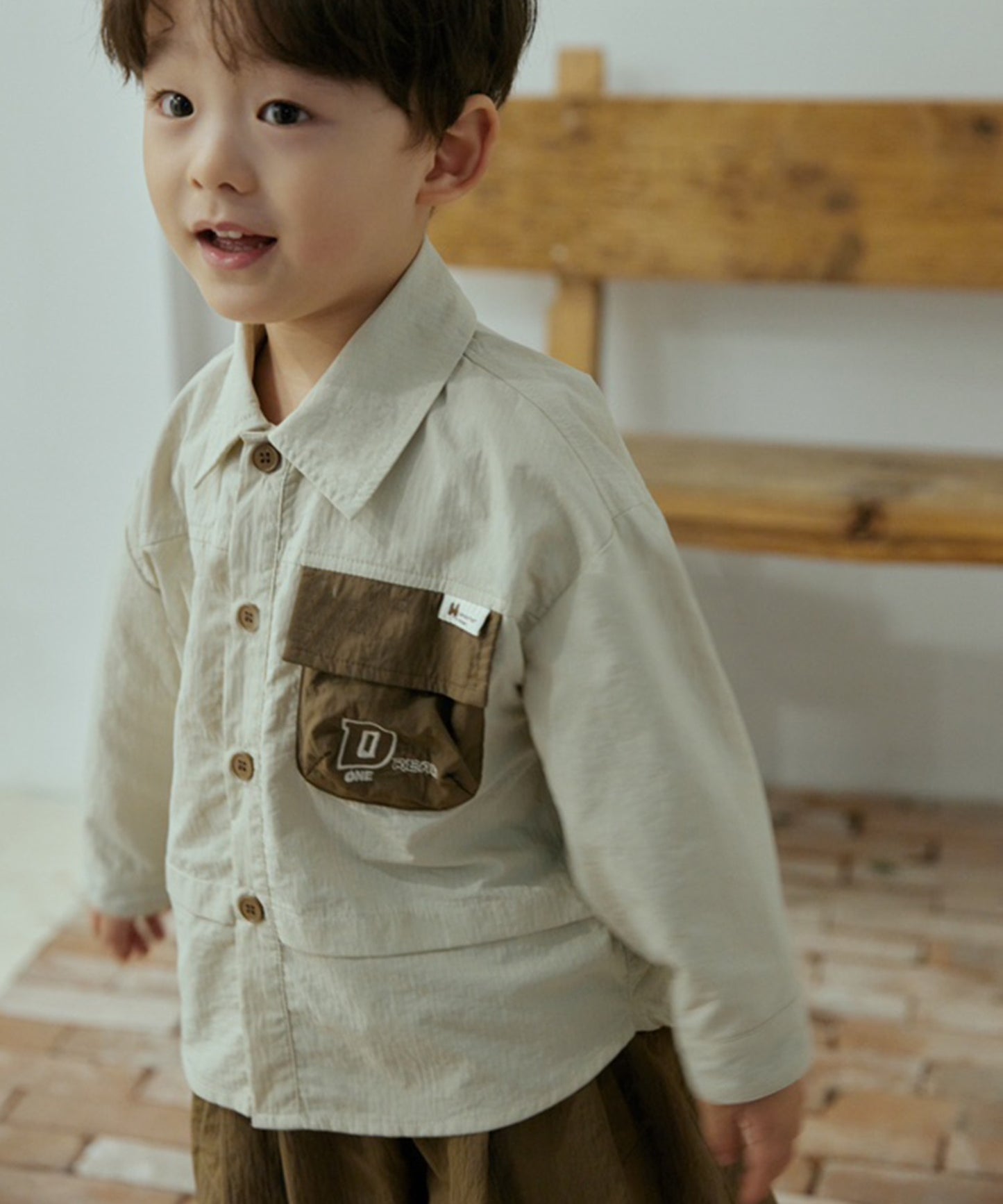 【aimoha-KIDS-】子供服 胸ポケット付きシャツ+パンツ上下セットアップ