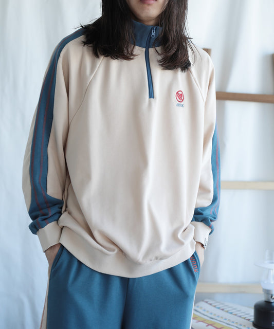 【HOOK -original-】配色ワンポイント刺繍飾りステッチサイドラインハーフジップ セットアップ可能