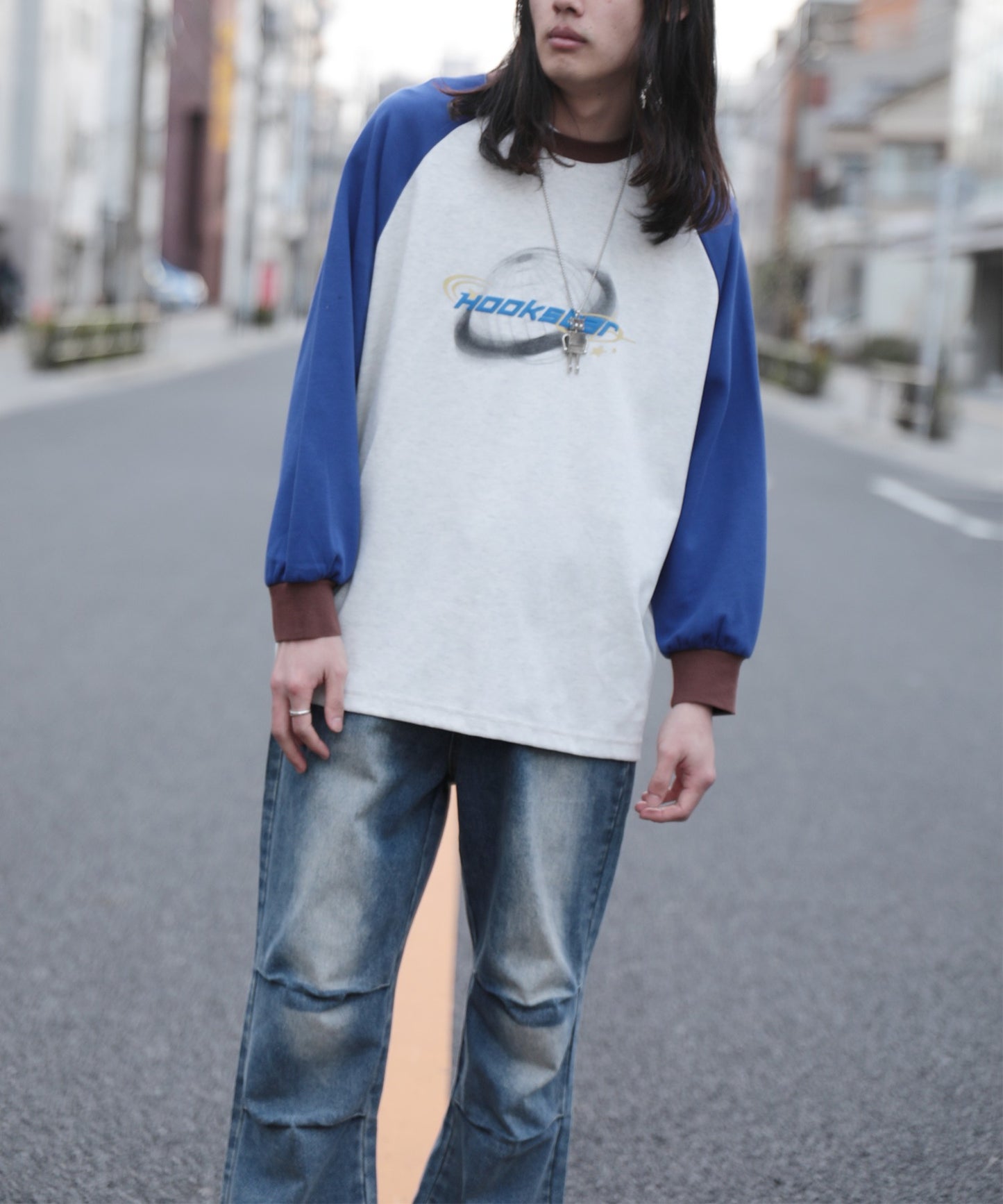 【HOOK -original- 】Y2K発泡プリント配色ラグランスリーブロンTEE