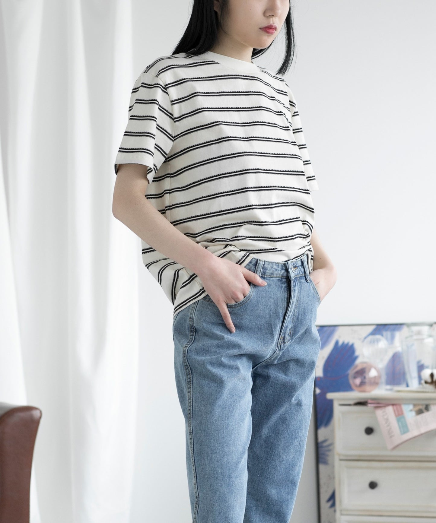 デザインボーダー ハート刺繍Tシャツ