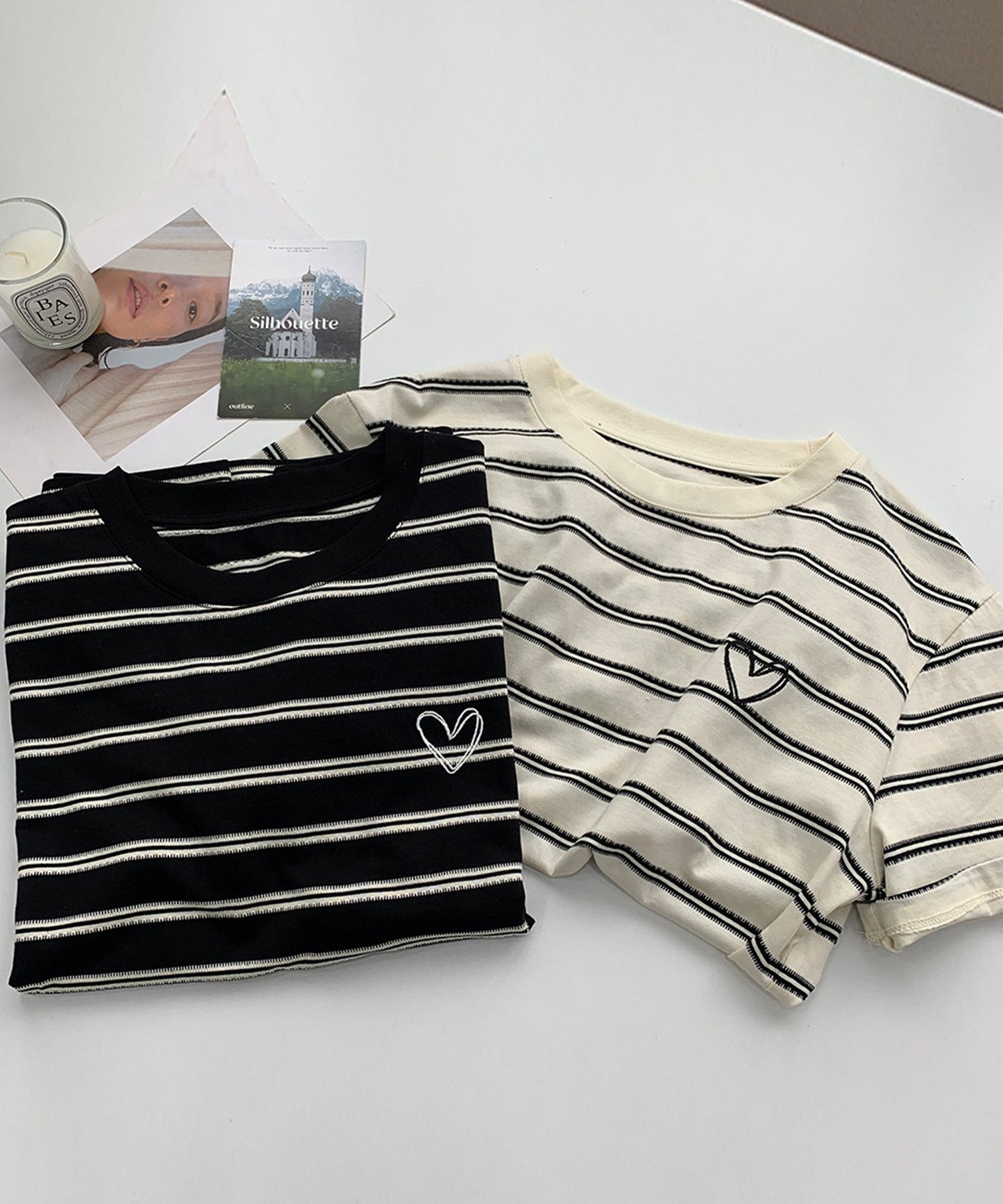 デザインボーダー ハート刺繍Tシャツ