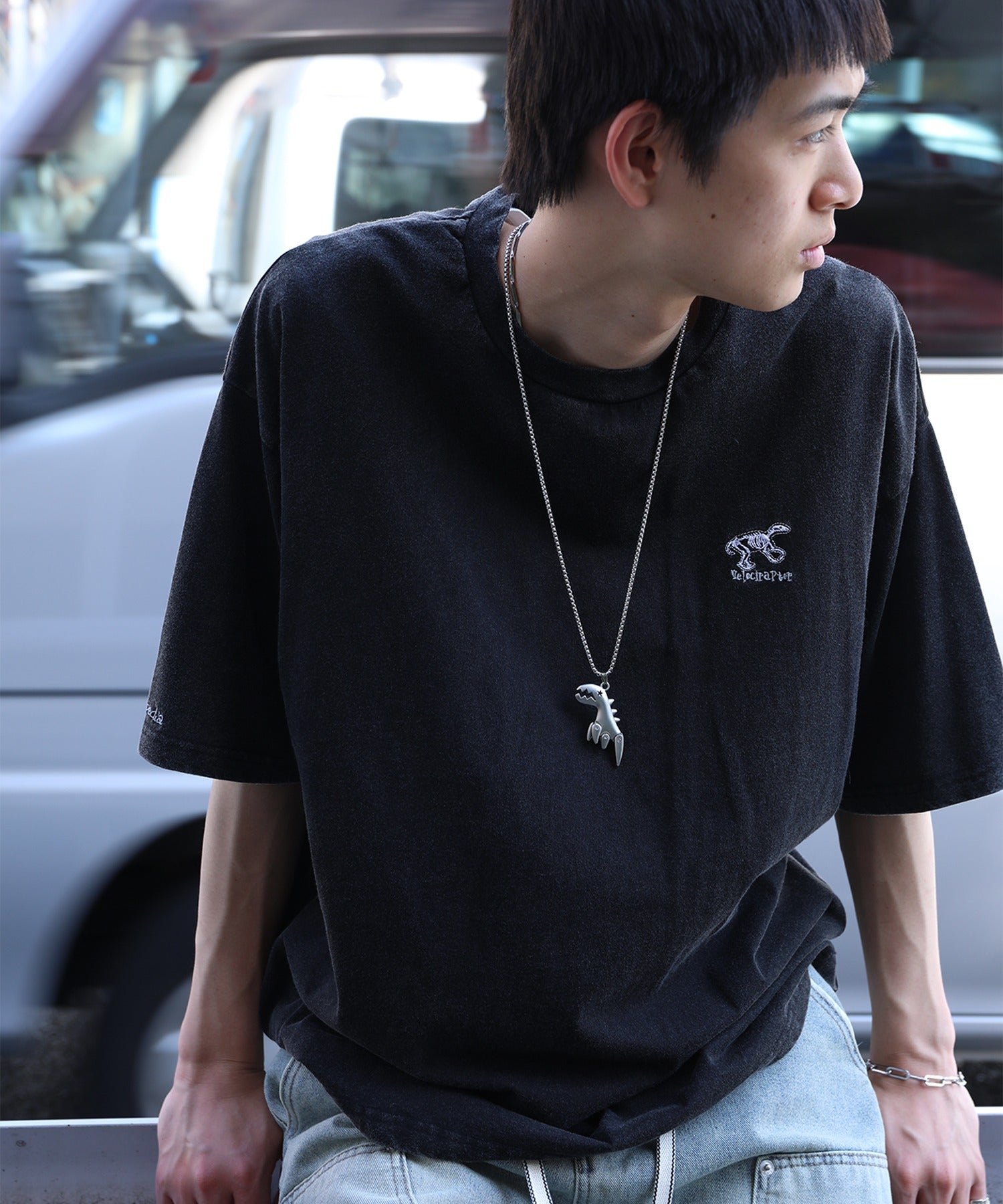 【HOOK -original- 】恐竜刺繍ウォッシュ半袖TEE