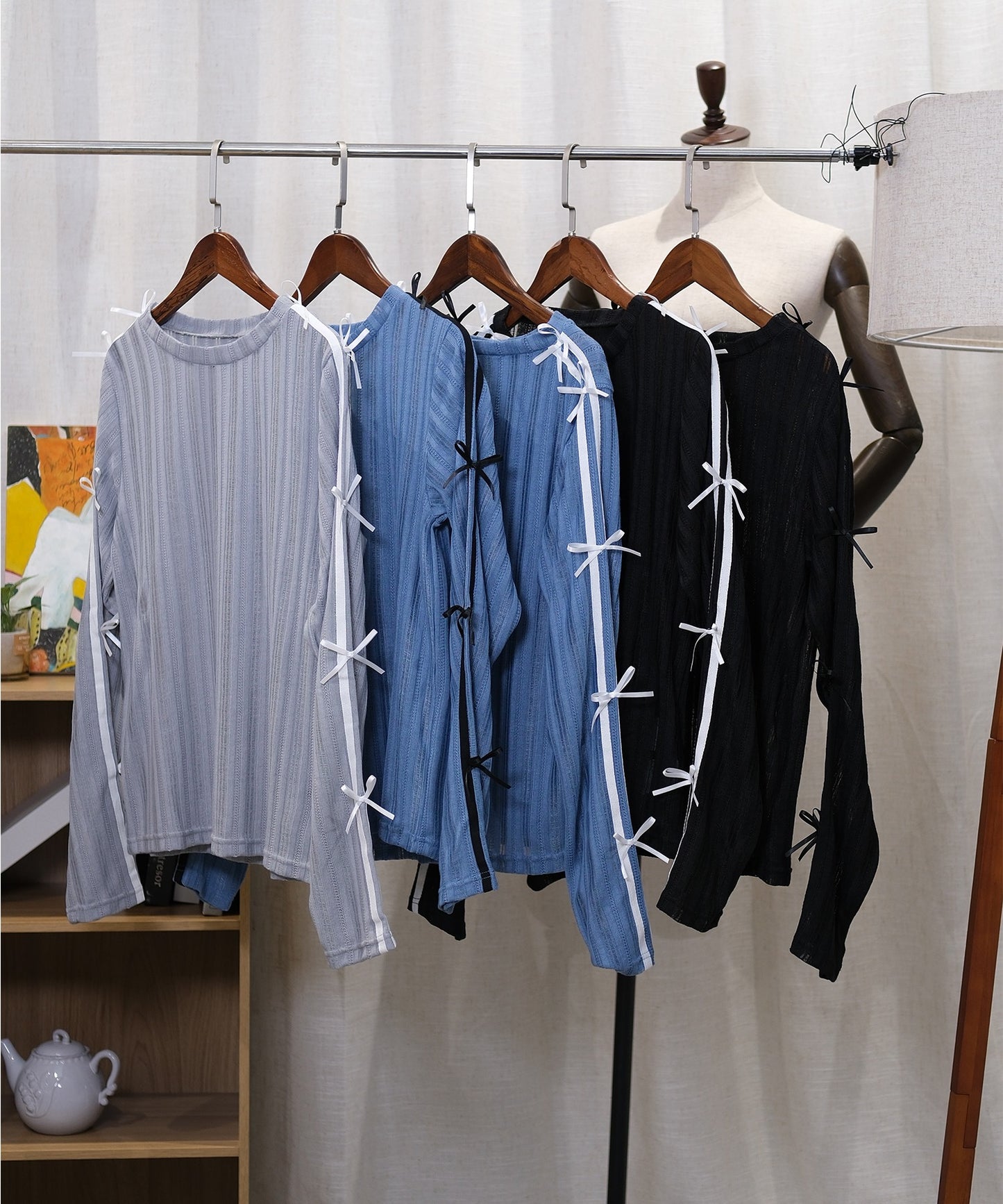 【HOOK】for girls 袖リボンライン透かしカットソー