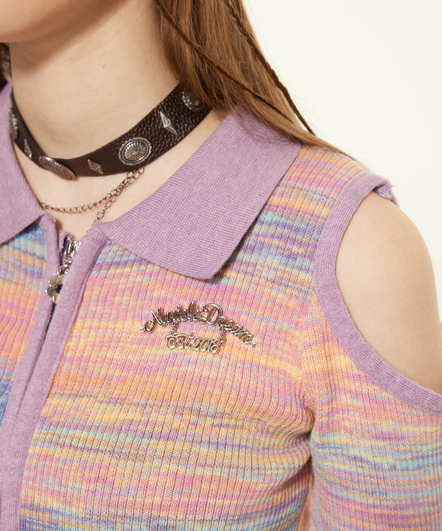 【HOOK】for girls カットアウトポロ襟ダブルジップカーディガン