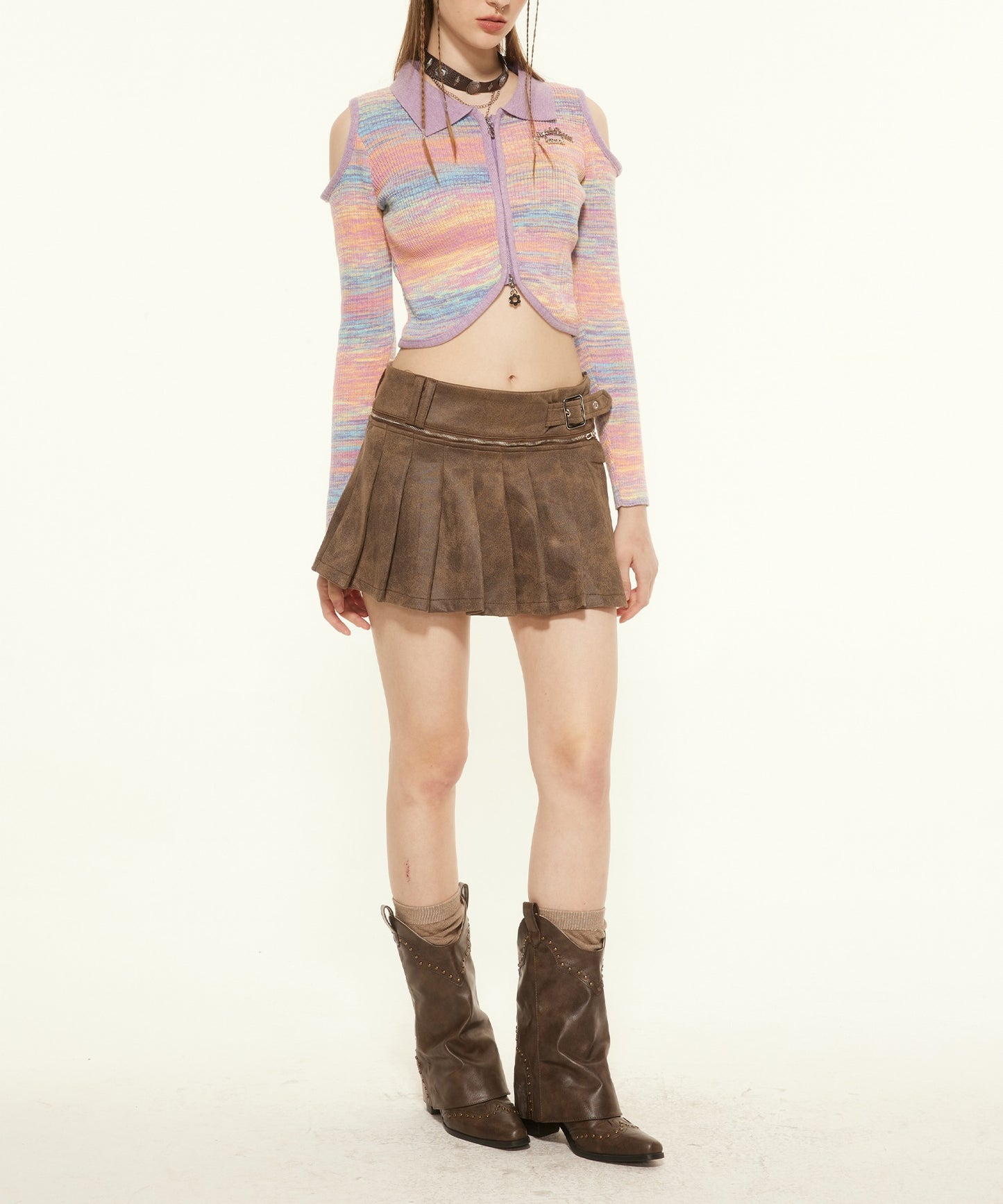 【HOOK】for girls カットアウトポロ襟ダブルジップカーディガン