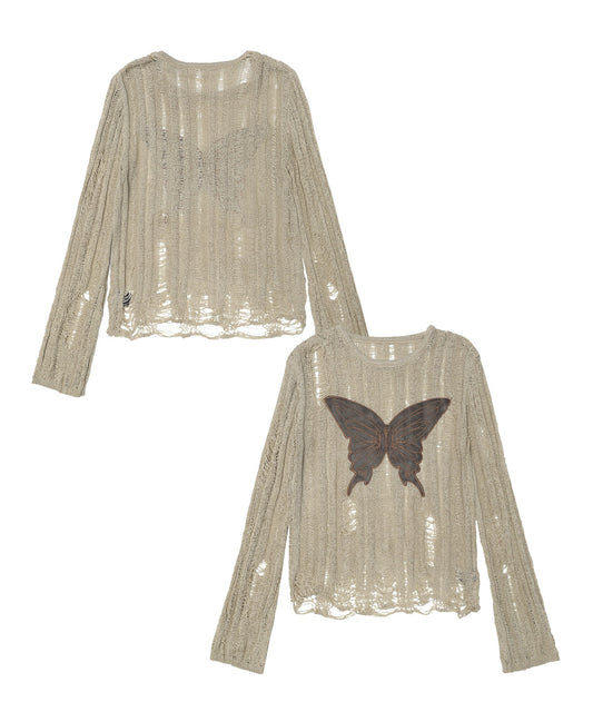 【HOOK】for girls バタフライパッチ刺繍ダメージ透かしトップス