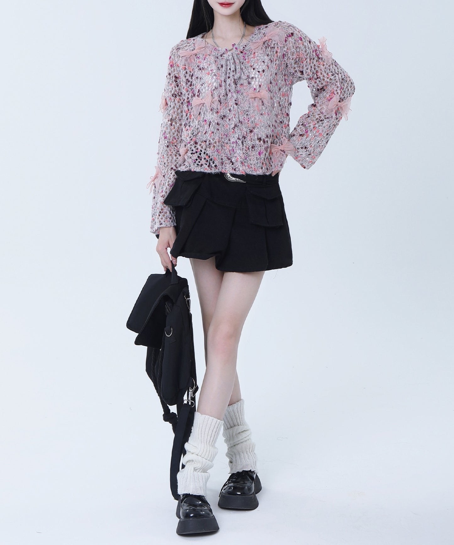 【HOOK】for girls シフォンリボンたっぷり透かしニットプルオーバー