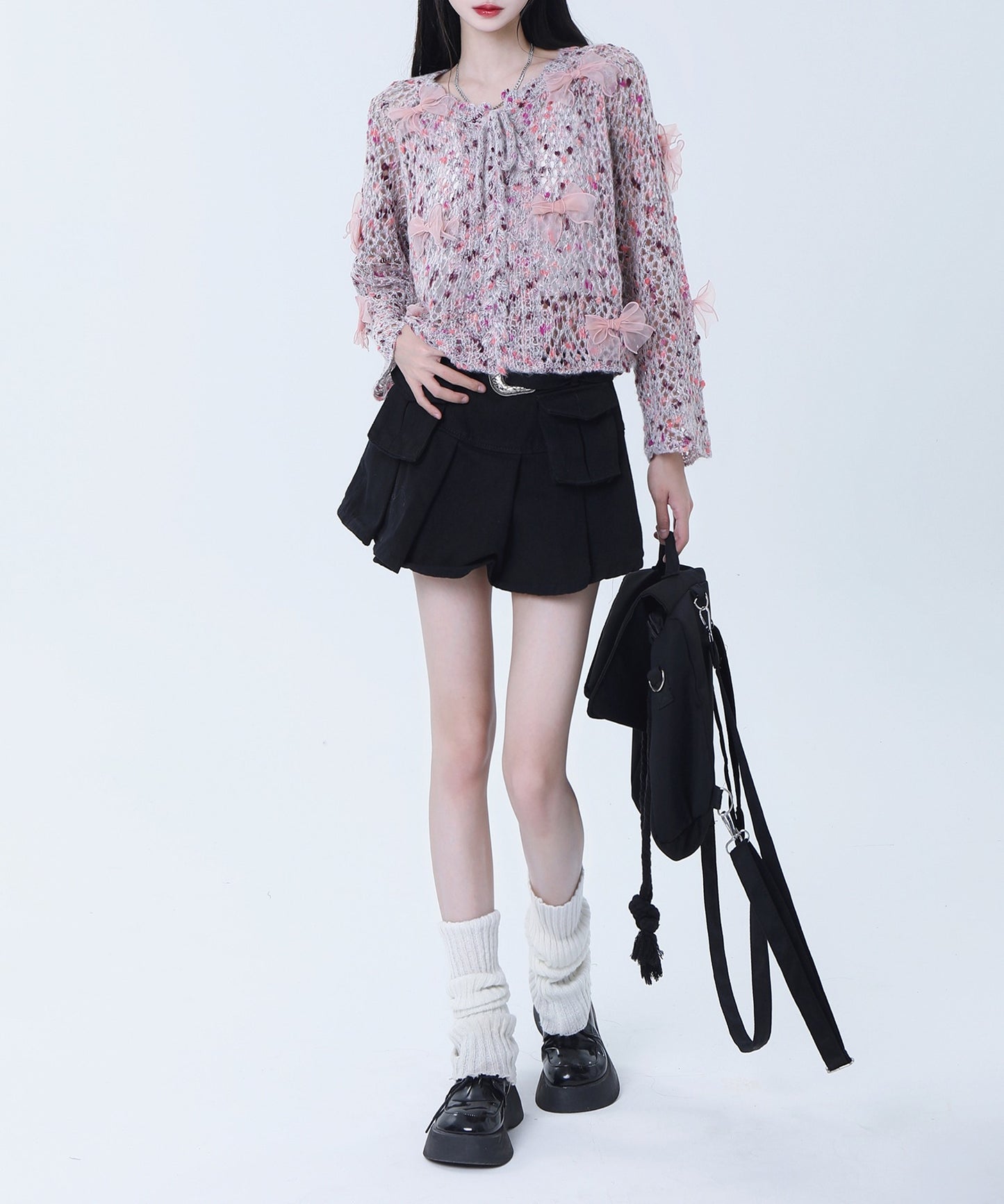 【HOOK】for girls シフォンリボンたっぷり透かしニットプルオーバー