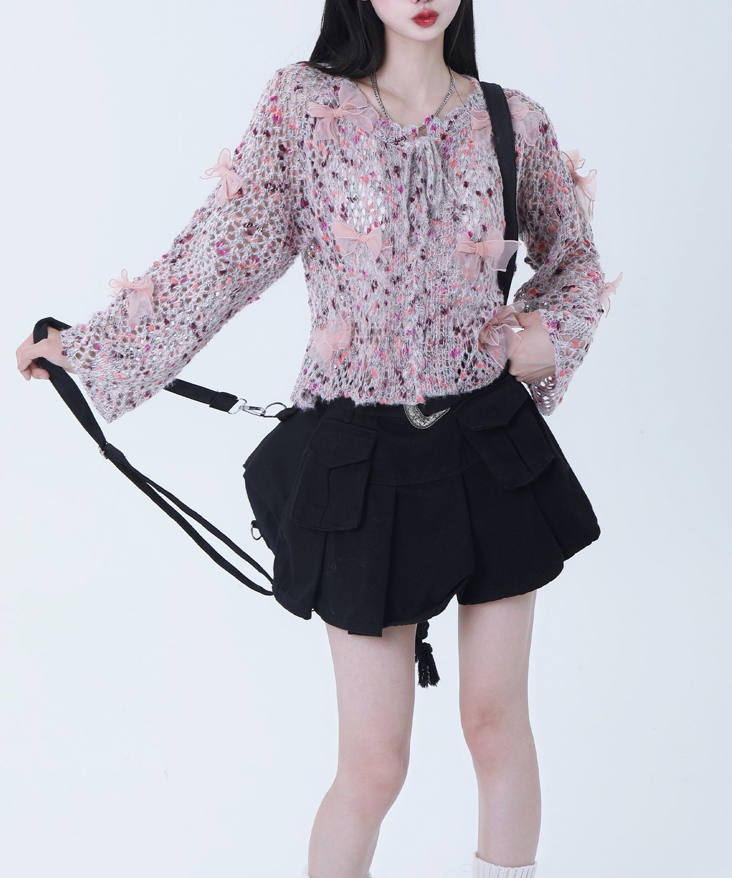 【HOOK】for girls シフォンリボンたっぷり透かしニットプルオーバー