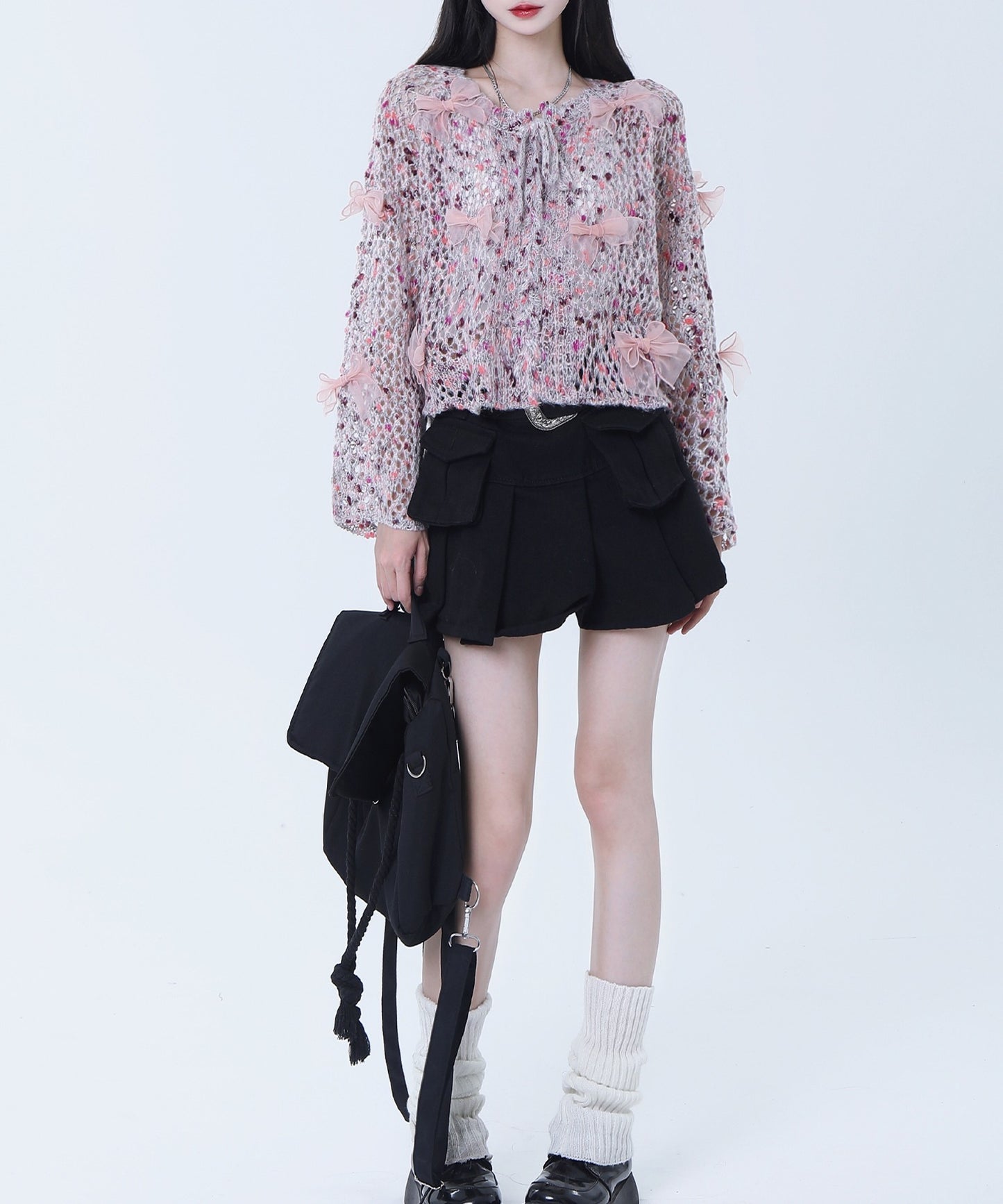 【HOOK】for girls シフォンリボンたっぷり透かしニットプルオーバー