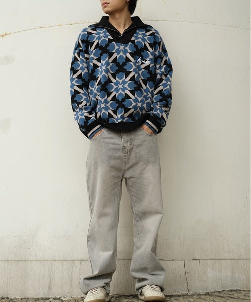 HOOK -original-レトロ調 幾何学模様ハーフジップニットプルオーバー