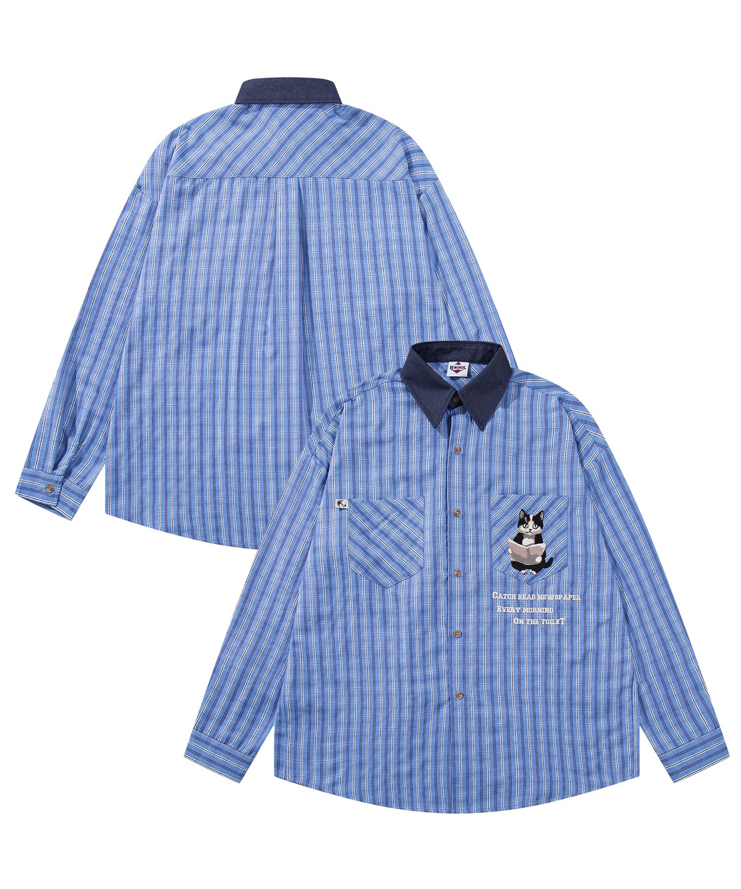 HOOK -original- ニャンコ刺繍チェック柄デニム襟長袖オーバーシャツ