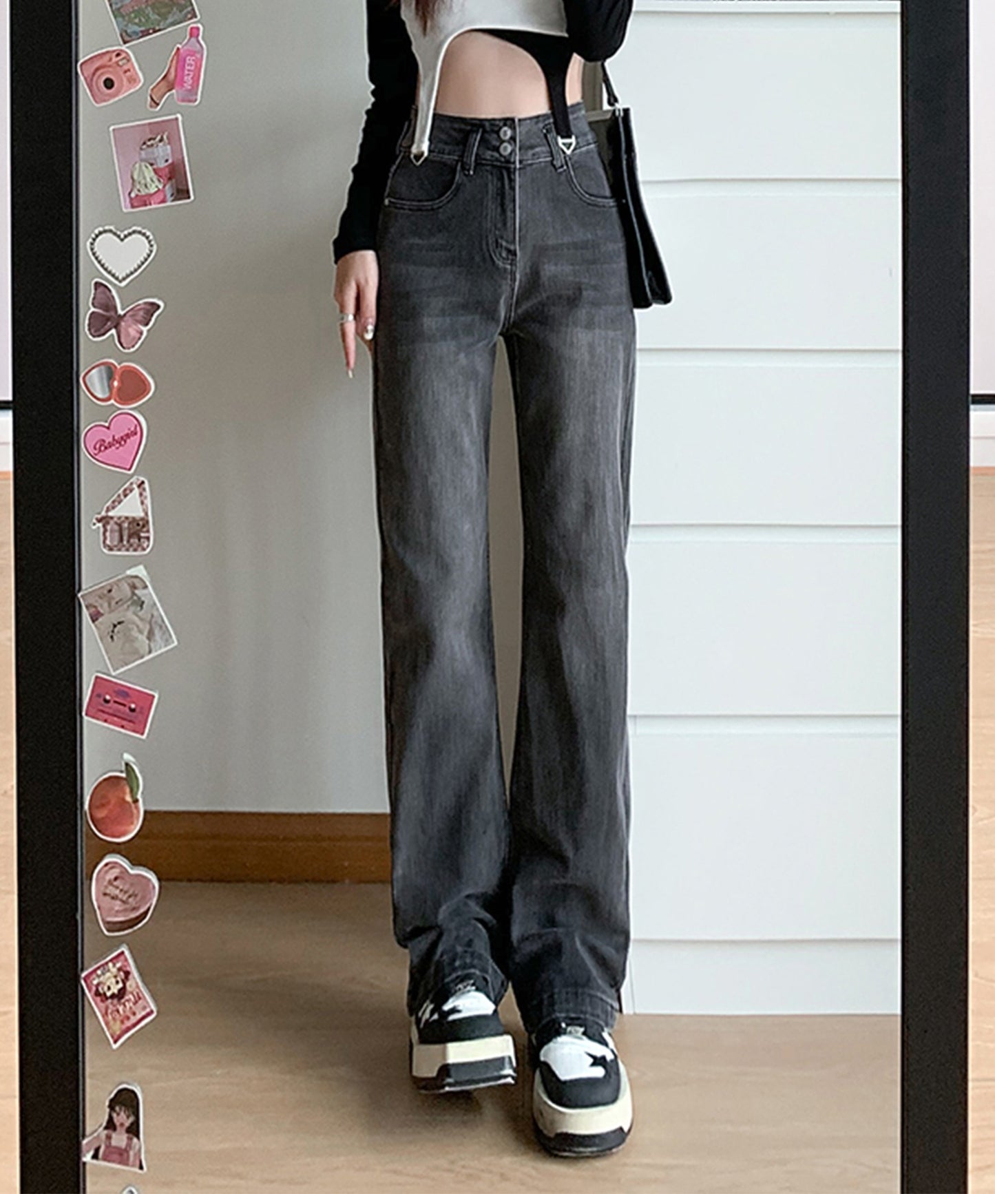 【Aimoha】ダブルボタンハイウエストジーンズ