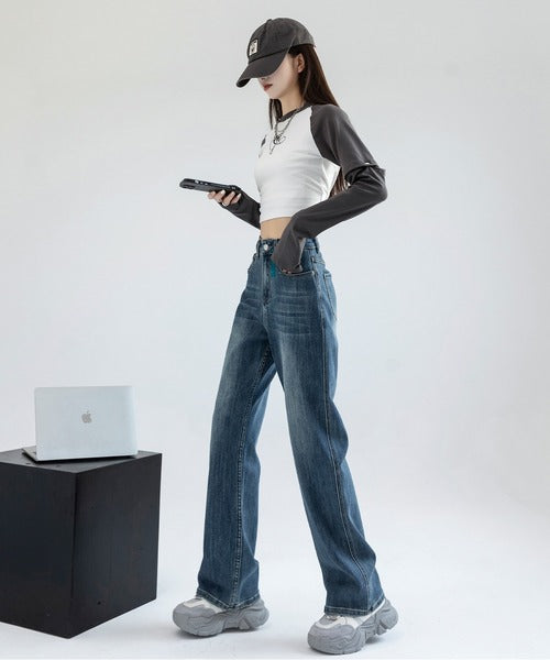 【Aimoha】ストレートフィット ドレープジーンズ