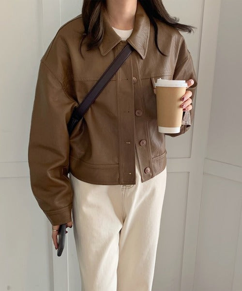 ステンカラーPUレザージャケット