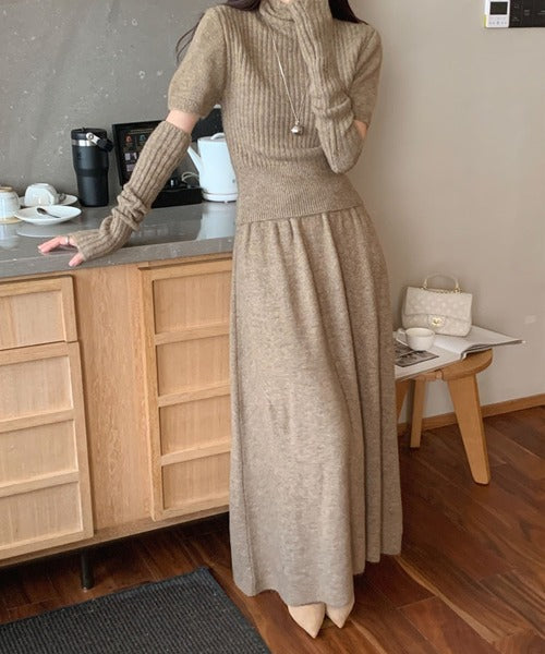 アームウォーマー付きハイネックニットトップス+ニットスカートセットアップ