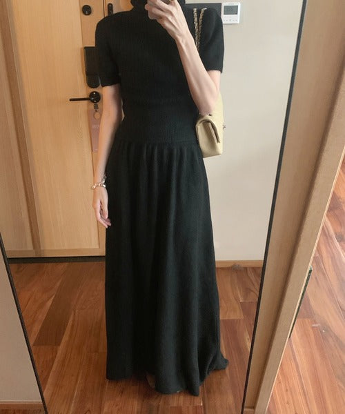 アームウォーマー付きハイネックニットトップス+ニットスカートセットアップ