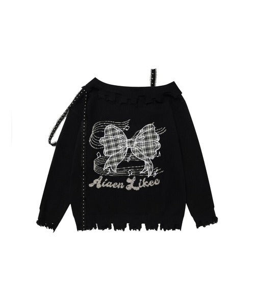 【HOOK】for girls オフショルダーリボン刺繍ニット