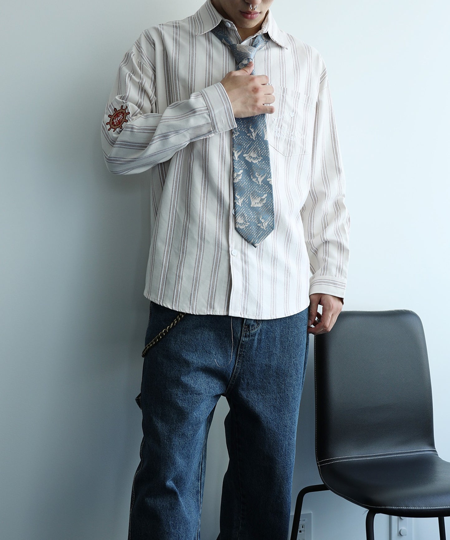 【HOOK -original- 】配色ストライプワンポイント刺繍長袖シャツ