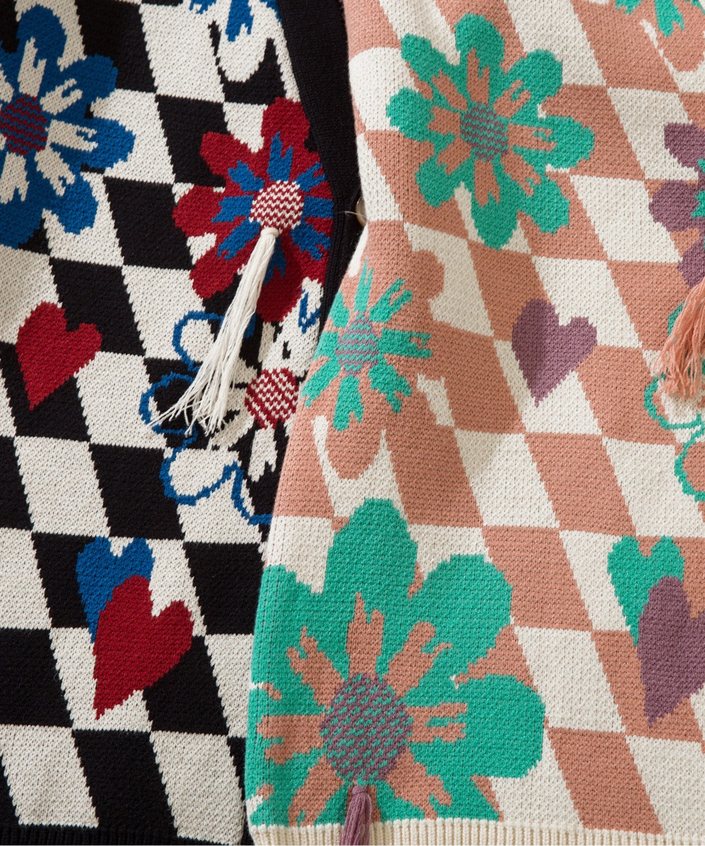 HOOK -original- ブロックチェック花模様フリンジカーディガン