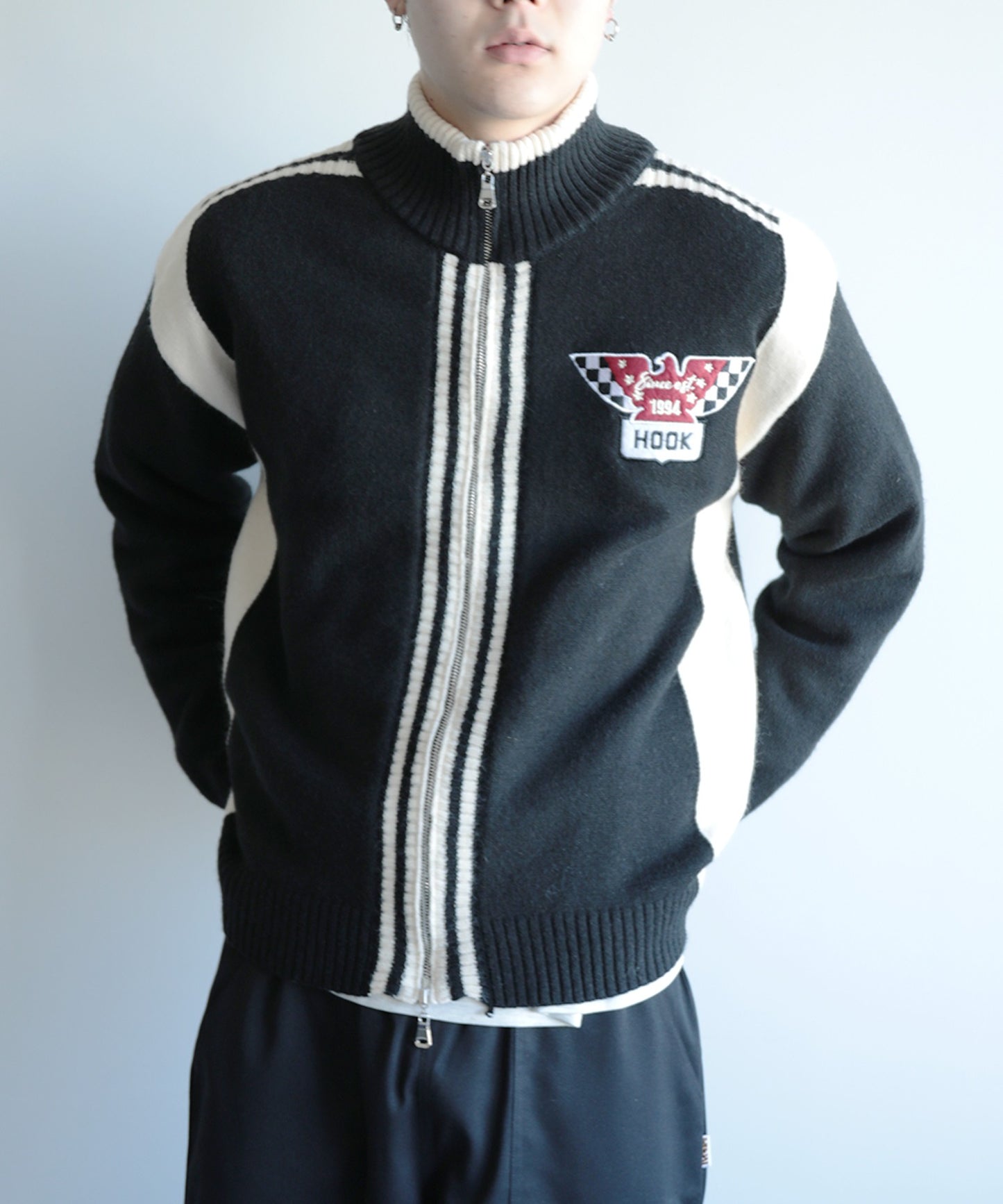 HOOK -original-/ワッペン刺繍レーシング風ダブルジップカーディガン