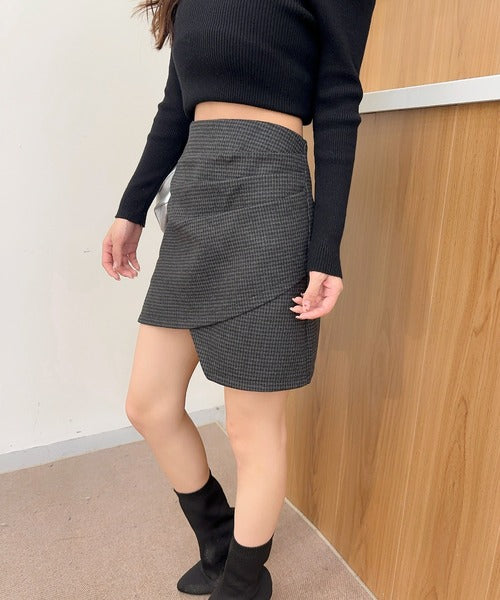 【Jasmine】千鳥柄アシンメトリーハイウエストミニスカート