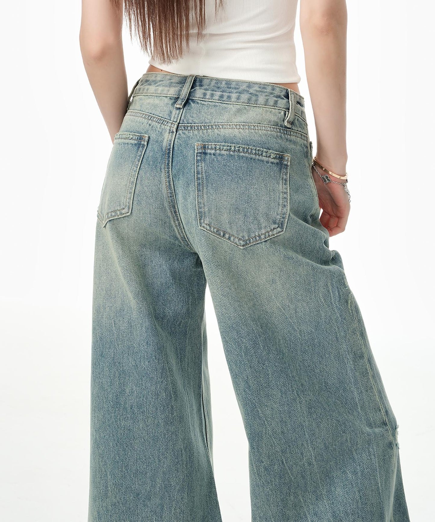 【HOOK】for girls Y2Kダメージルーズワイドデニムパンツ / ヴィンテージウォッシュバギー