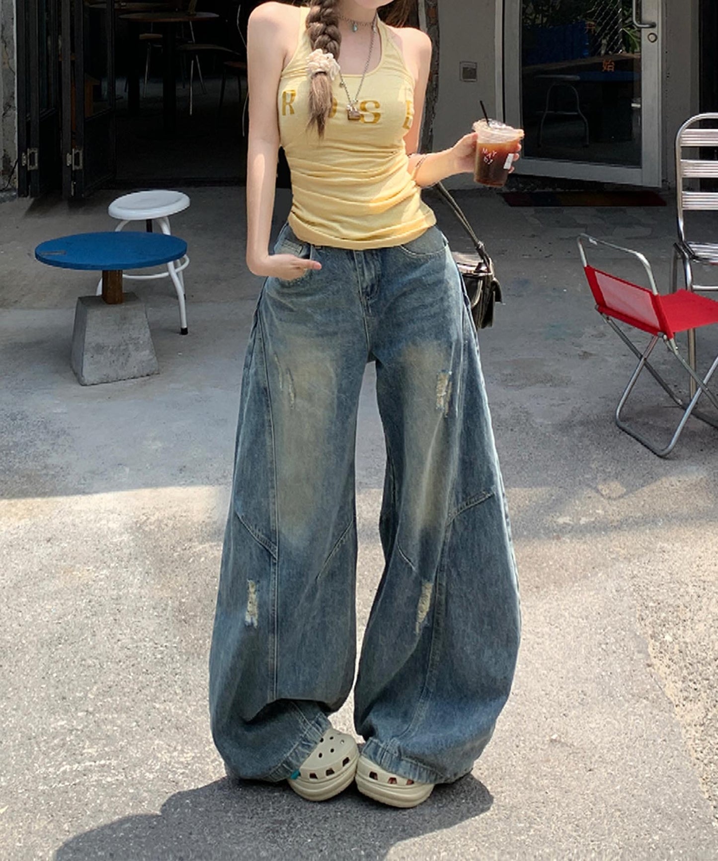 【HOOK】for girls 切り替えデザイン×アメリカンヴィンテージ ダメージワイドバルーンデニムパンツ