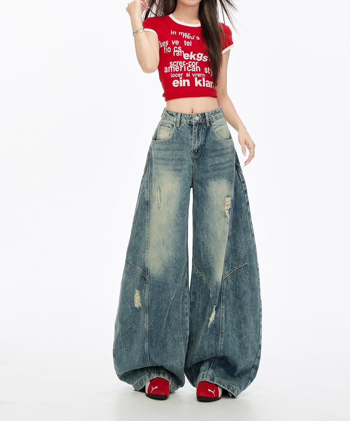 【HOOK】for girls 切り替えデザイン×アメリカンヴィンテージ ダメージワイドバルーンデニムパンツ