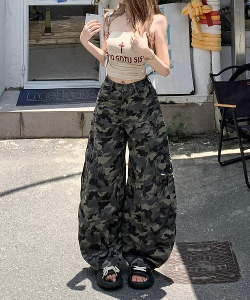【HOOK】for girls カモフラ柄バルーンカーゴパンツ / ビッグポケット ワイドミリタリーパンツ