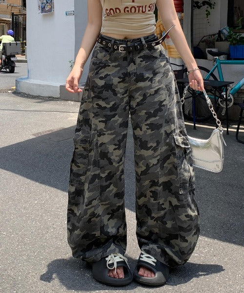 【HOOK】for girls カモフラ柄バルーンカーゴパンツ / ビッグポケット ワイドミリタリーパンツ