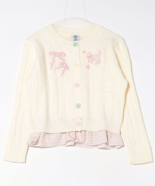 HOOK for girls 刺繍リボン ケーブルニットカーディガン 裾チェック切替 レイヤード風